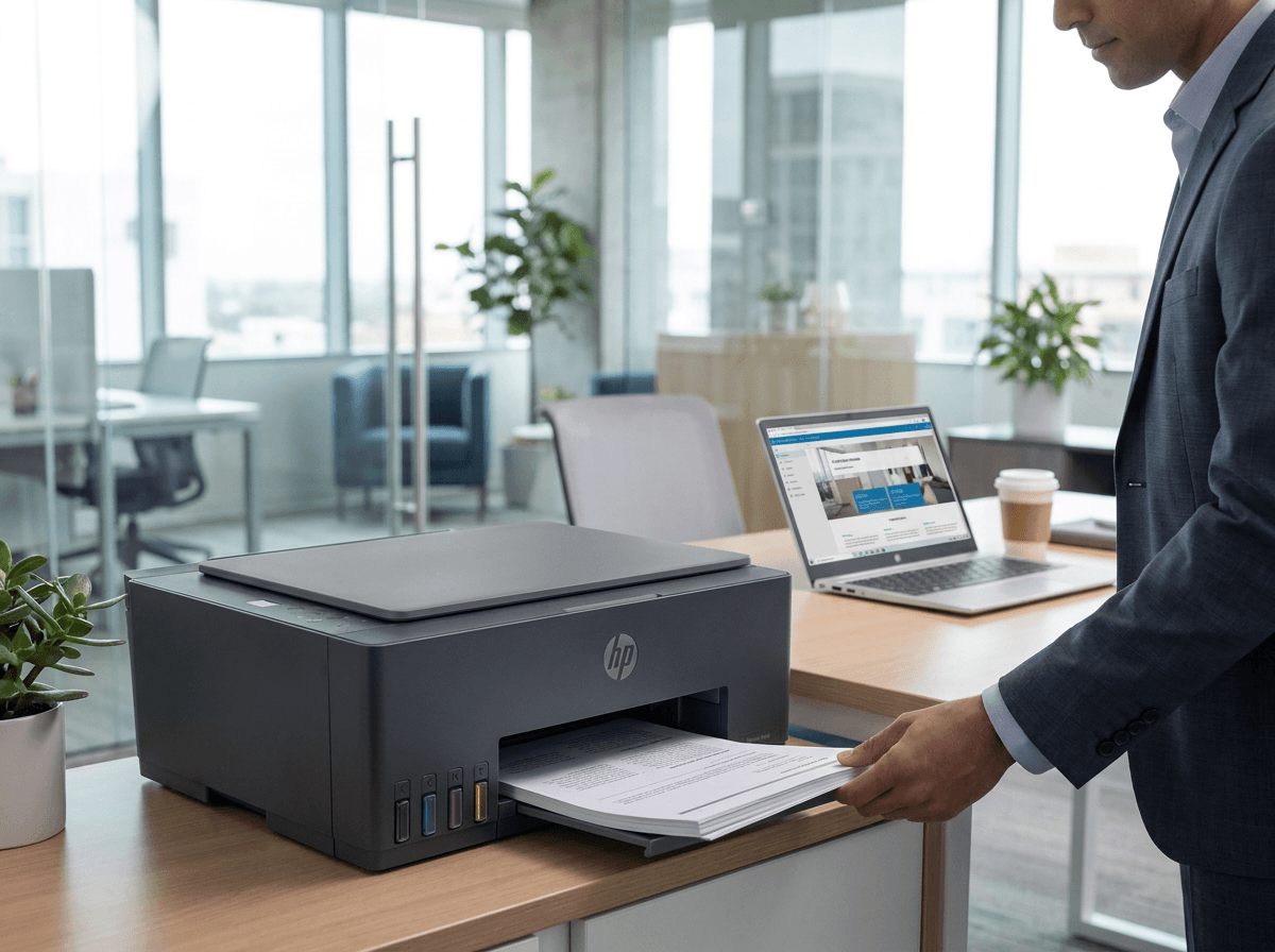 Impressora HP em operação em um ambiente de escritório