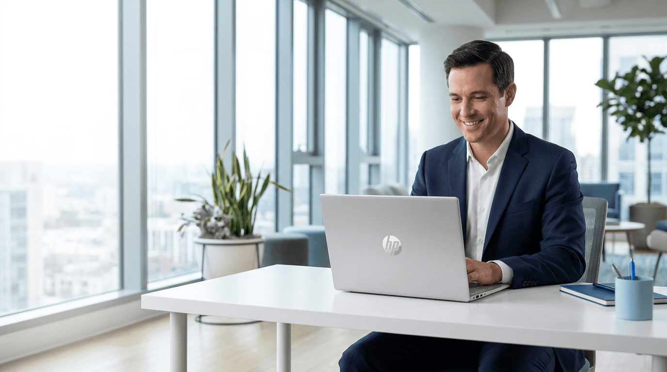 Profissional trabalhando em notebook em um escritório corporativo