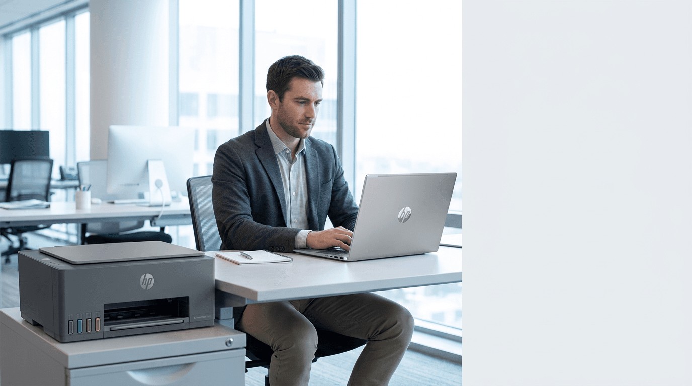 Profissional usando notebook HP ao lado de impressora no escritório