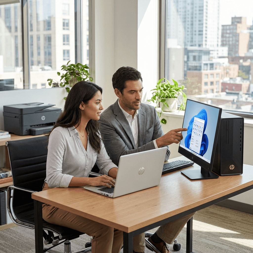 Dois colegas analisando dados em notebook e desktop HP no escritório